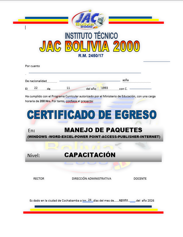 Muestra de certificado de egreso JAC Bolivia 2000